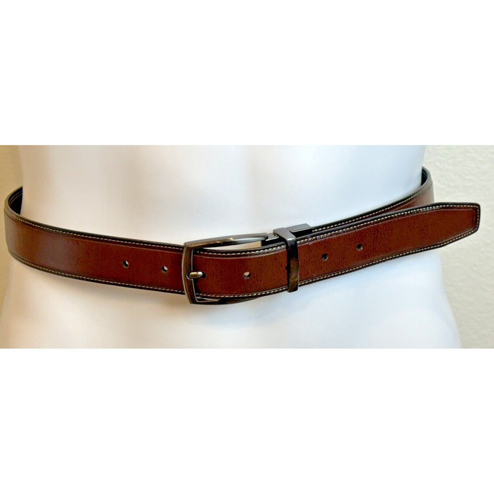 Men's Reversible Black/Brown‎ Faux Leather Belt Size 30-32 Gunmetal Buckle